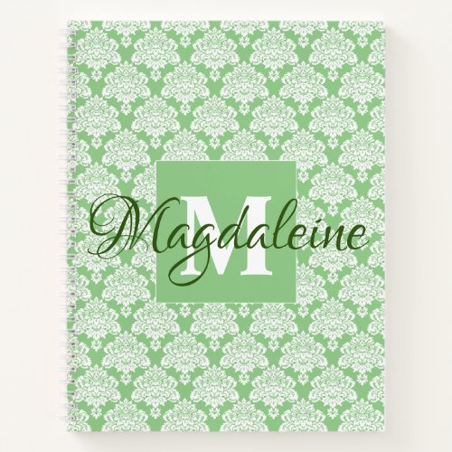 Elegant Vintage Green White Damask Name  Initial Notebook