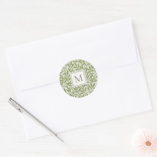 Elegant Vintage Green Willow Leaves Monogram Classic Round Sticker