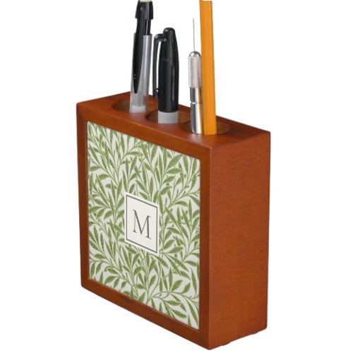 Elegant Vintage Green Willow Leaves Monogram Desk Organizer