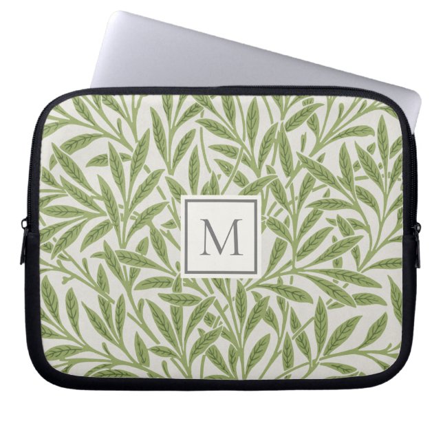 Elegant Vintage Green Willow Leaves Monogram Laptop Sleeve (Front)