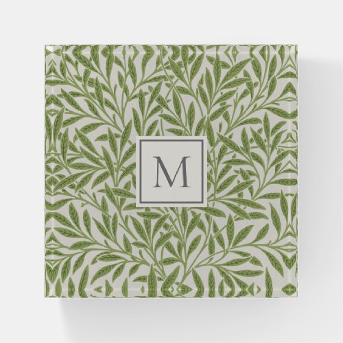 Elegant Vintage Green Willow Leaves Monogram Paperweight