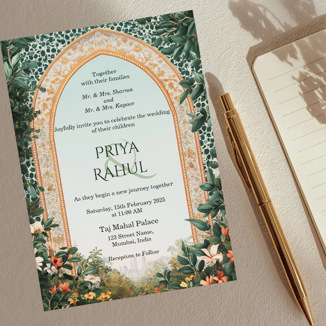 Elegant Vintage Greenery Floral Indian Wedding Invitation (greenery floral indian arch wedding invitation)