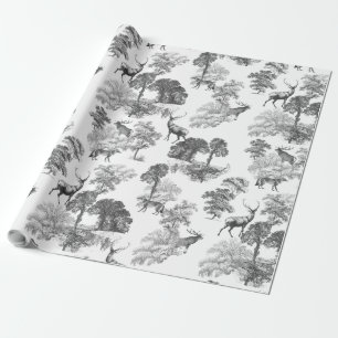 Elegant Vintage Grey Deer Fox Country Toile Wrapping Paper