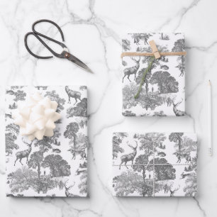 Elegant Vintage Grey Toile Deer Fox Woodland Wrapping Paper Sheets