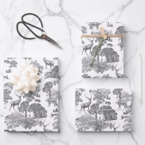 Elegant Vintage Grey Toile Deer Fox Woodland  Wrapping Paper Sheets