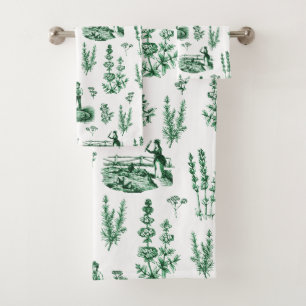 Elegant Vintage Herbal Garden Sage Green Toile Bath Towel Set