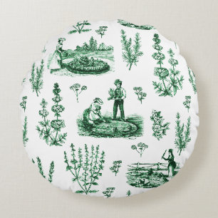 Elegant Vintage Herbal Garden Sage Green Toile Round Pillow