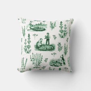 Elegant Vintage Herbal Garden Sage Green Toile Throw Pillow