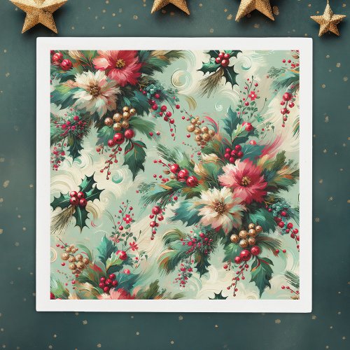 Elegant Vintage Holly and Berry Christmas Greenery Napkins