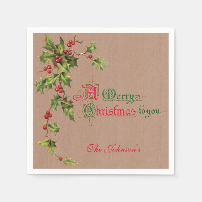 Elegant Vintage Holly on Kraft Personalized Napkins (Front)