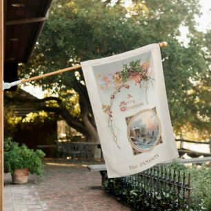 Elegant Vintage Holly, Rustic Scene & Greeting House Flag