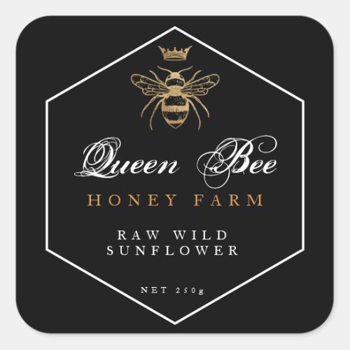 Elegant Vintage Honey Queen Bee Black  Gold Jar Square Sticker