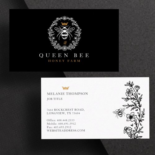 Elegant Vintage Honey Queen Bee Black  White Business Card