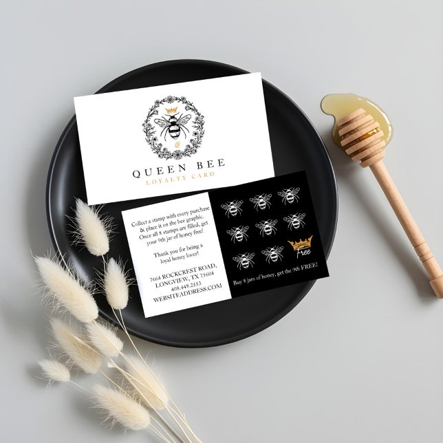 Elegant Vintage Honey Queen Bee Black & White Loyalty Card (Elegant Vintage Honey Queen Bee Black & White Loyalty Card)