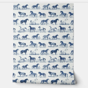 Elegant Vintage Horse Breeds Pattern Blue Toile Wallpaper