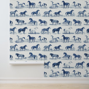 Elegant Vintage Horse Breeds Pattern Blue Toile Wallpaper