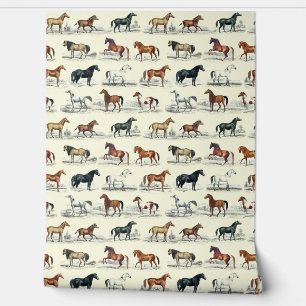 Elegant Vintage Horse Breeds Pattern on Beige Wallpaper