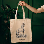 Elegant Vintage Horse Equestrian Script Name Tote Bag<br><div class="desc">Personalized elegant and sophisticated Equestrian Horse Riding Tote Bag with Custom Name or other text and a beautiful vintage illustration of a proud horse. Show your love for horses while carrying this tote bag or use it to take riding equipment with you. Makes also a great gift for your horse...</div>