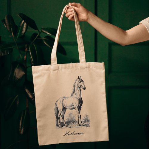 Elegant Vintage Horse Equestrian Script Name Tote Bag