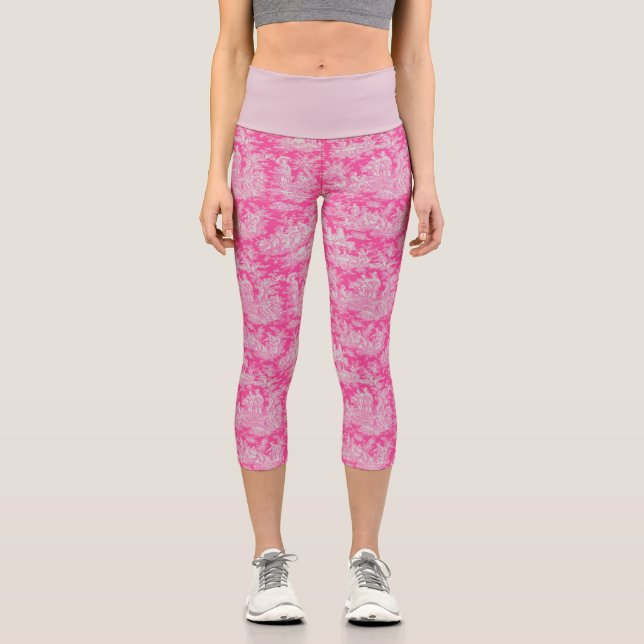 Elegant vintage hot pink toile de jouy capri leggings (Front)