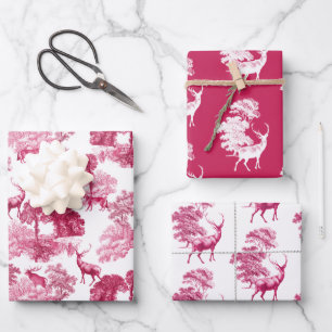 Elegant Vintage Hot Pink Toile Deer Woodland Wrapping Paper Sheets