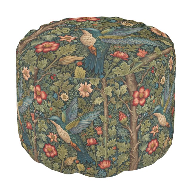 Elegant vintage hummingbird art boho chic pouf (Angled Back)