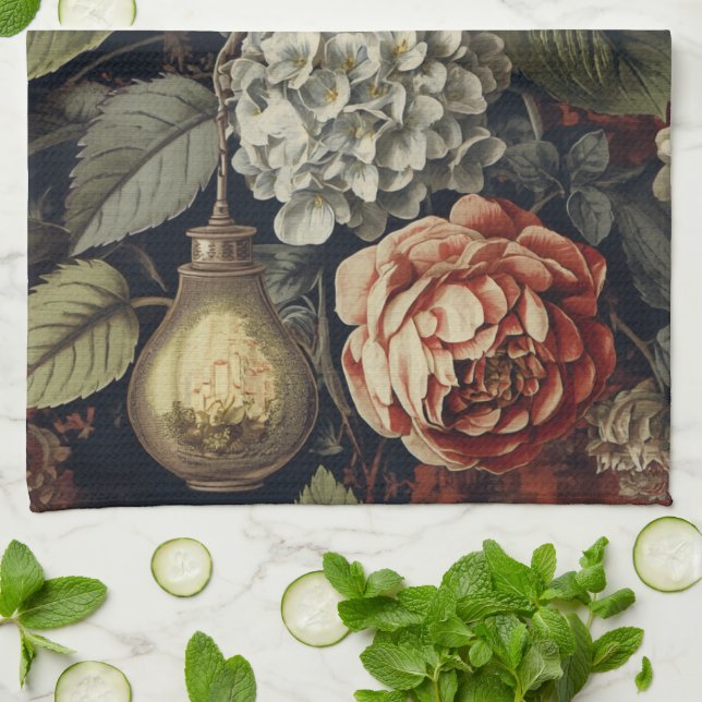 Elegant vintage Hydrangea Floral Pattern  Kitchen Towel (Folded)