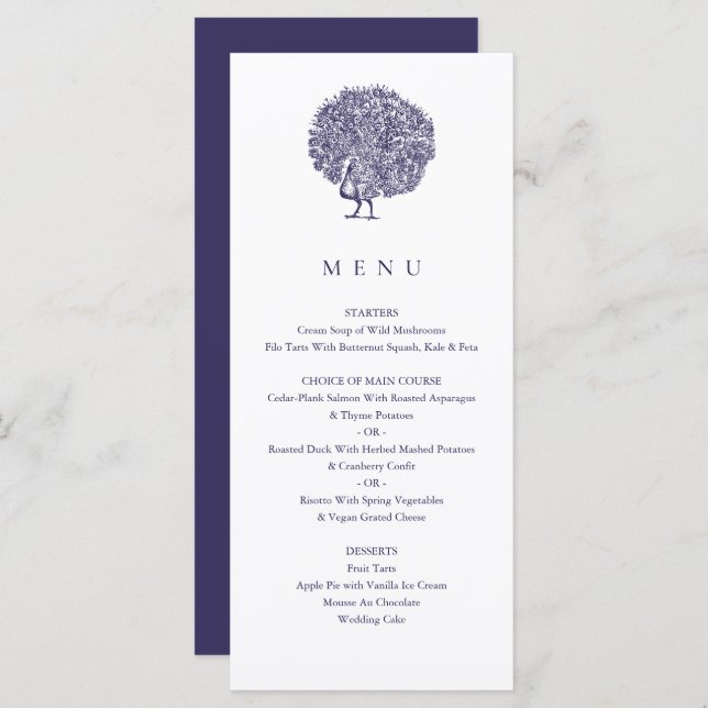 Elegant Vintage Illustration Blue Peacock Wedding Menu (Front/Back)