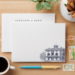 Elegant Vintage Italian Villa Illustration Wedding Envelope