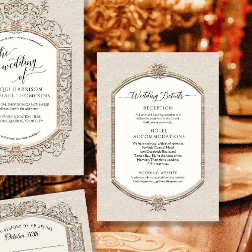 Elegant Vintage Ivory Cream n Gold Wedding Details Invitation