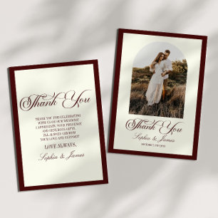Elegant Vintage Ivory Dark Burgundy Photo Wedding Thank You Card