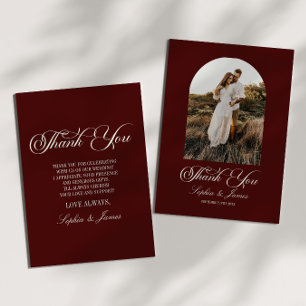 Elegant Vintage Ivory Dark Burgundy Photo Wedding Thank You Card