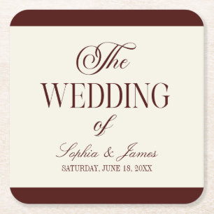 Elegant Vintage Ivory Dark Burgundy Wedding Square Paper Coaster
