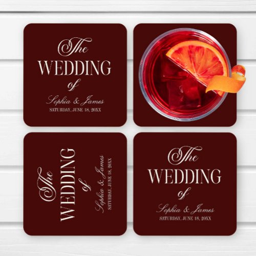 Elegant Vintage Ivory Dark Burgundy Wedding Square Paper Coaster