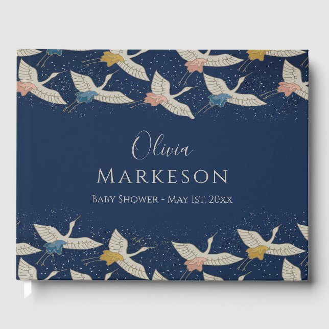 Elegant Vintage Japanese Cranes Baby Shower Guest Book (Front)