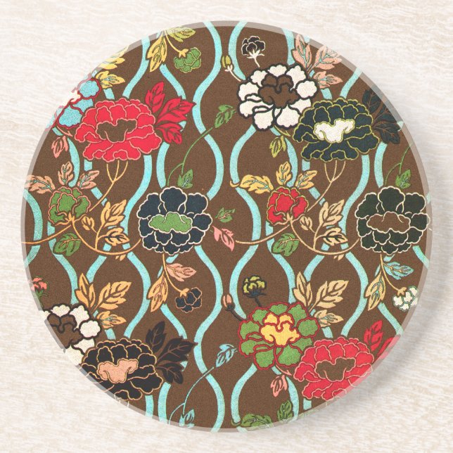 Elegant Vintage Japanese Floral Design Sandstone Coaster (Front)