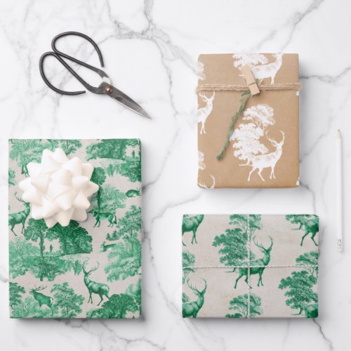 Elegant Vintage Kraft Green Country Toile Deer Wrapping Paper Sheets
