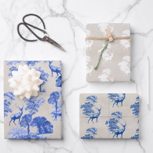 Elegant Vintage Kraft Paper Blue Toile Deer