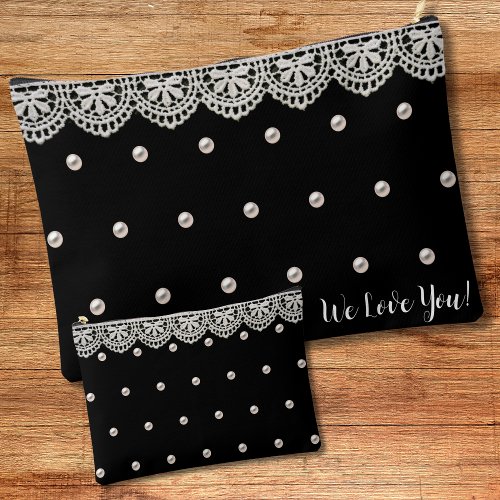 Elegant Vintage Lace and Pearls Customized Message Accessory Pouch