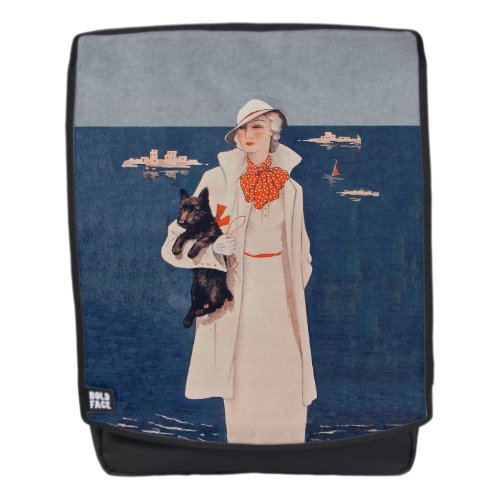 Elegant Vintage Lady by Ocean Holding Scotty Dog Backpack