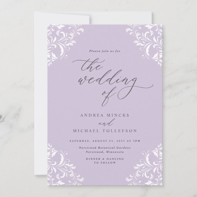 Elegant Vintage Lavender Purple Wedding Invitation (Front)