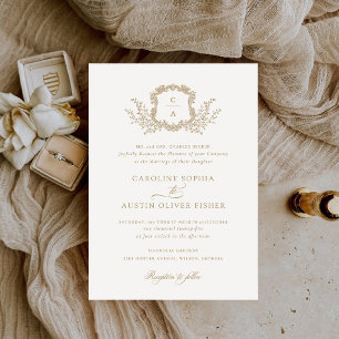 Elegant Vintage Leafy Crest Wedding Monogram Invitation