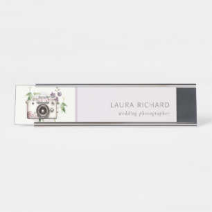 Elegant Vintage Leafy Floral Camera Photography Desk Name Plate