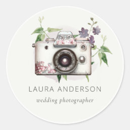 Elegant Vintage Lilac Floral Camera Photography  Classic Round Sticker