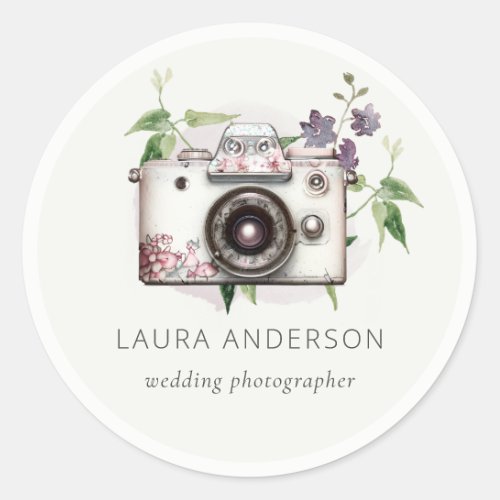Elegant Vintage Lilac Floral Camera Photography  Classic Round Sticker