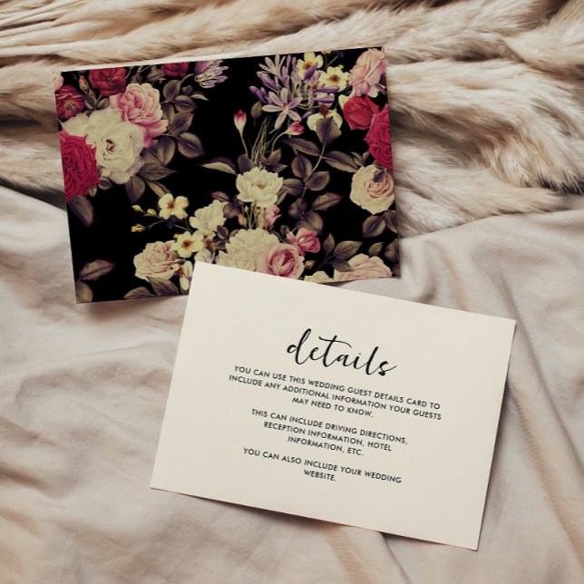 Elegant Vintage Look Floral Wedding Guest Detail (This beautiful moody floral wedding guest detail card is part of our coordinating wedding suite.)