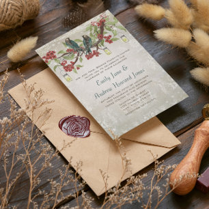 Elegant Vintage Lovebird Red Silver Wedding Invitation