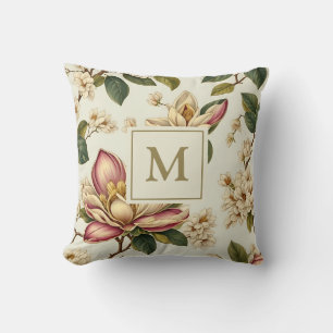 Elegant Vintage Magnolia Monogram Throw Pillow