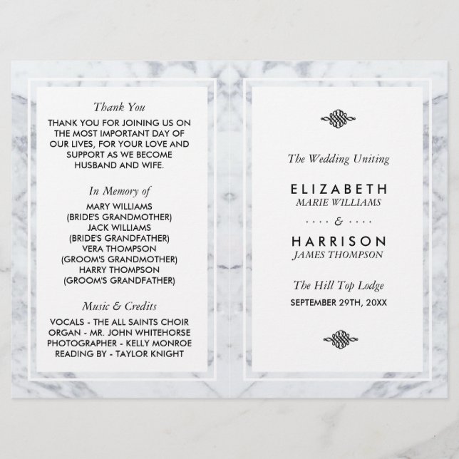 Elegant Vintage Marble Wedding Bi-fold Program (Front)