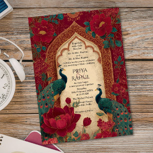 Elegant Vintage Maroon Gold Peacock Indian Wedding Invitation